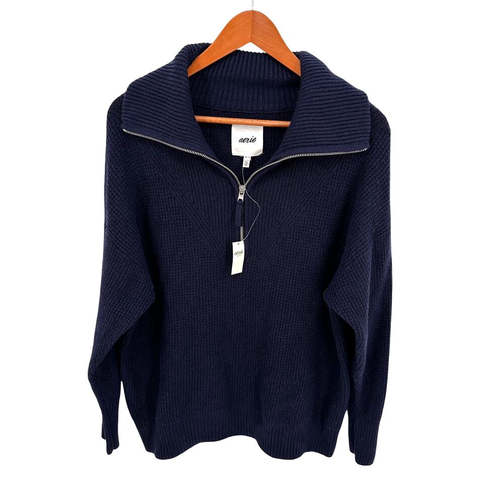 AERIE NWT Navy Blue 1/4 Zip Knit Sweater // S